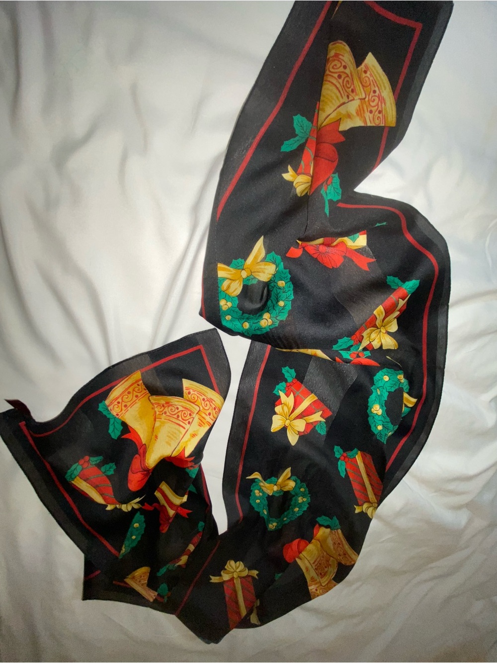 Festive Black Holiday Scarf with Wreaths & Bells